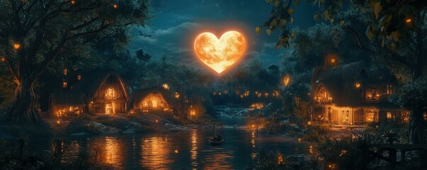 Fototapeta premium A heart-shaped moon glowing over a peaceful fantasy village, 4k photo.