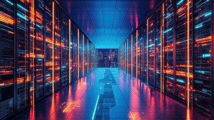 Illuminated Server Room Corridor Leading To City Skyline