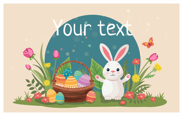 Easter light card in pastel colors with colored eggs, flowers and a cute bunny