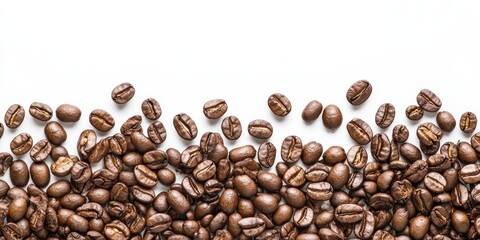 Naklejka premium Top view of roasted coffee beans scattered across a white background with a gradient effect from left to right creating ample space for messaging