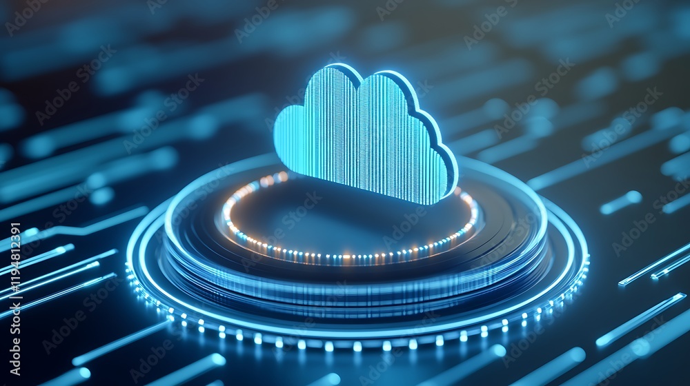 Poster digital cloud storage concept with glowing circuits and data lines representing technology and innov