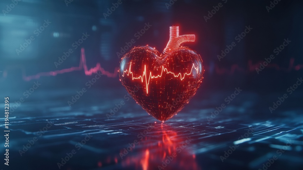 Aufkleber Glowing red heart with dynamic cardiogram illuminating a digital background in a futuristic setting. Generative AI