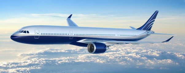 Fototapeta premium Airplane Travel: Realistic airplane model in the sky, focus on modern travel, blue skies, commercial aviation, light clouds