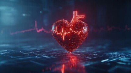 Glowing red heart with dynamic cardiogram illuminating a digital background in a futuristic setting. Generative AI