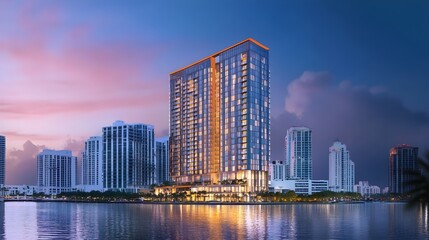 Obraz premium A vibrant city skyline with a modern hotel in the foreground, representing an exciting travel destination with convenient accommodations for urban explorers. 