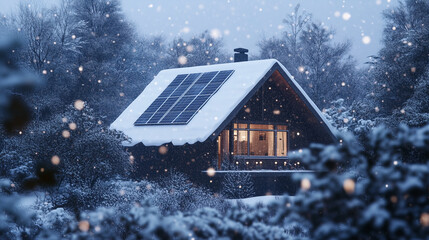 Snowy cabin with solar panels in winter forest, private house, countryside, snowing