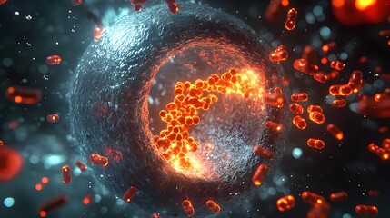 A visual representation of drug metabolism in time-lapse, showing a chemical compound breaking down within a glowing human cell. The process is depicted with glowing energy particles transferring 