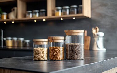 A set of glass storage jars with wooden lids, filled with dry grains, displayed on a modern kitchen countertop