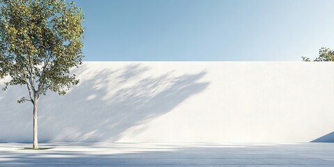 Minimalist scene featuring a textured white wall under a clear blue sky with sunlight casting shadows, complemented by a lone green tree on the left.