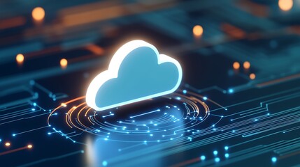 Digital cloud symbol on a futuristic circuit board with glowing lights and technology elements