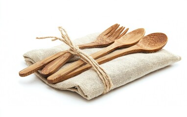 A set of reusable bamboo cutlery wrapped in a natural cloth pouch on a white background
