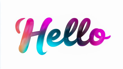 The word 'hello' in elegant script, featuring a soft gradient color transition from blue to purple, is set against a clean white background with a smooth, artistic flow.