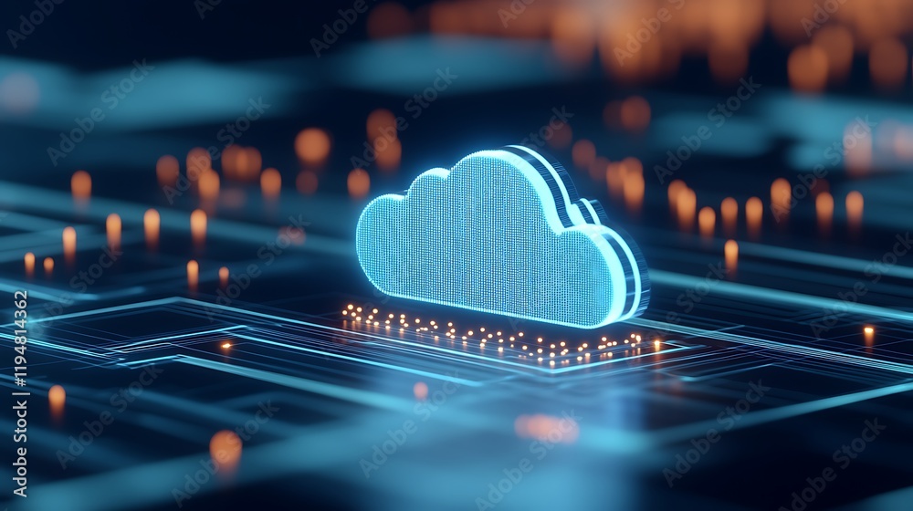 Poster digital cloud symbol with glowing effects on a circuit board background for technology and data stor