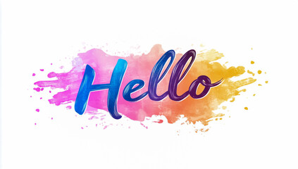The word 'hello' in elegant script, featuring a soft gradient color transition from blue to purple, is set against a clean white background with a smooth, artistic flow.