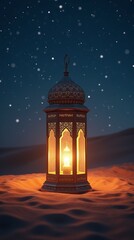 Obraz premium Ornate Arabic lantern glowing warm light desert dune