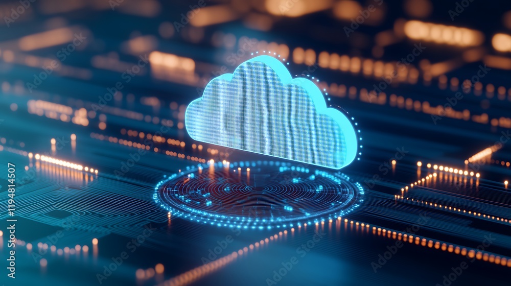 Poster digital cloud technology concept on futuristic background with circuit patterns and glowing elements