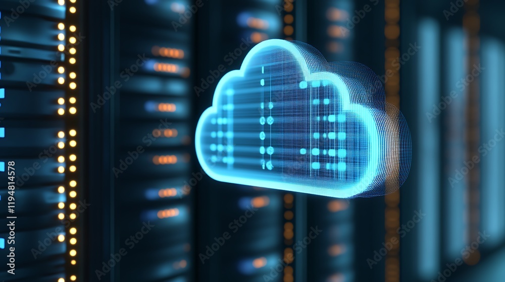 Poster digital cloud technology concept over server rack with data flow representation in modern data cente