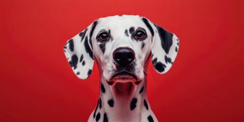 Dalmatian dog with distinctive black spots centered against a bright red background, creating a striking visual with ample text space.