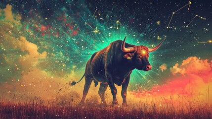 Majestic bull in a cosmic setting with glowing stars and constellations. Zodiac theme, power, nature, astronomy-inspired artwork, strength, and astrological symbolism. Generative AI.