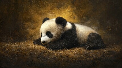 Obraz premium Adorable baby panda lying on the ground with glowing golden light. Warm atmosphere, wildlife, nature, innocence, bamboo forest theme, and soft details. Generative AI.
