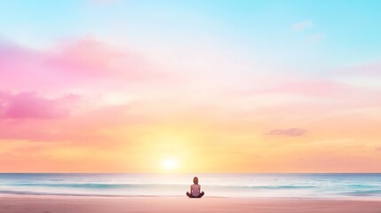 Fototapeta premium Meditation by the beach during sunset. festive mood pastel minimal tone