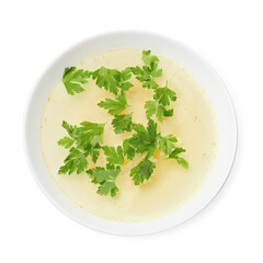 Tasty chicken bouillon with parsley in bowl isolated on white, top view