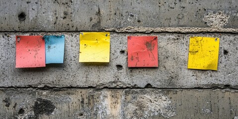 Colorful adhesive notes in blue yellow red arranged on a textured gray concrete wall with dirt and imperfections in a horizontal line