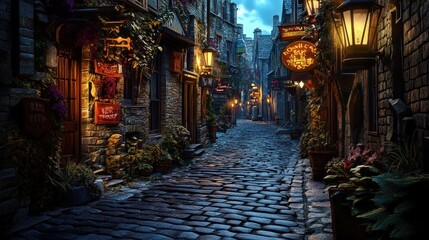 Fototapeta premium Charming Narrow Nighttime Alley with Rustic Lanterns and Cobblestone Path