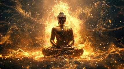 Obraz premium Golden Buddha statue in meditation surrounded by fiery clouds and cosmic elements. Spirituality, tranquility, enlightenment, and divine presence in a mystical setting Generative AI