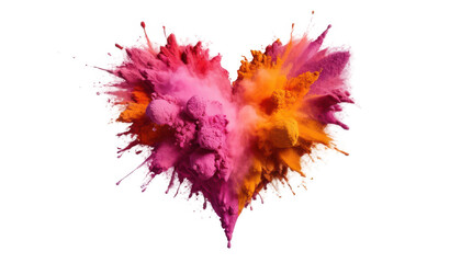Holi powder splashes forming an abstract heart shape with bright contrasting colors of pink, red, and orange, on a white transparent background PNG
