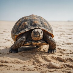 Obraz premium A land tortoise slowly walking on sand, white background.