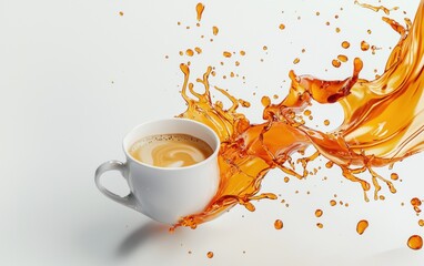 A vibrant flat white floating mid-motion with foam details and dynamic splashes on a clean white surface
