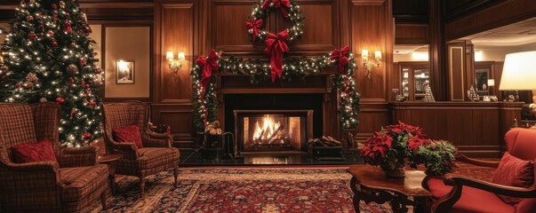 Fototapeta premium A hotel lobby adorned with holiday decorations and a crackling fireplace, 4k photo.