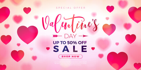 Valentine's Day Sale Banner Design with Red Heart and Typography Lettering on Pink Background. Holiday Vector Business Illustration with Special Offer Elements for Coupon, Voucher, Flyer, Promotional