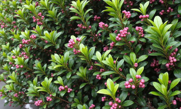 Lilly Pilly (Syzygium spp.) Evergreen shrub with glossy green leaves and colorful pink or purple berries. Lilly Pilly is often