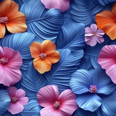 Obraz premium Vibrant 3D Tropical Floral Pattern with Pink and Blue Colors for Elegant and Eye-Catching Design Use in Various Creative Projects