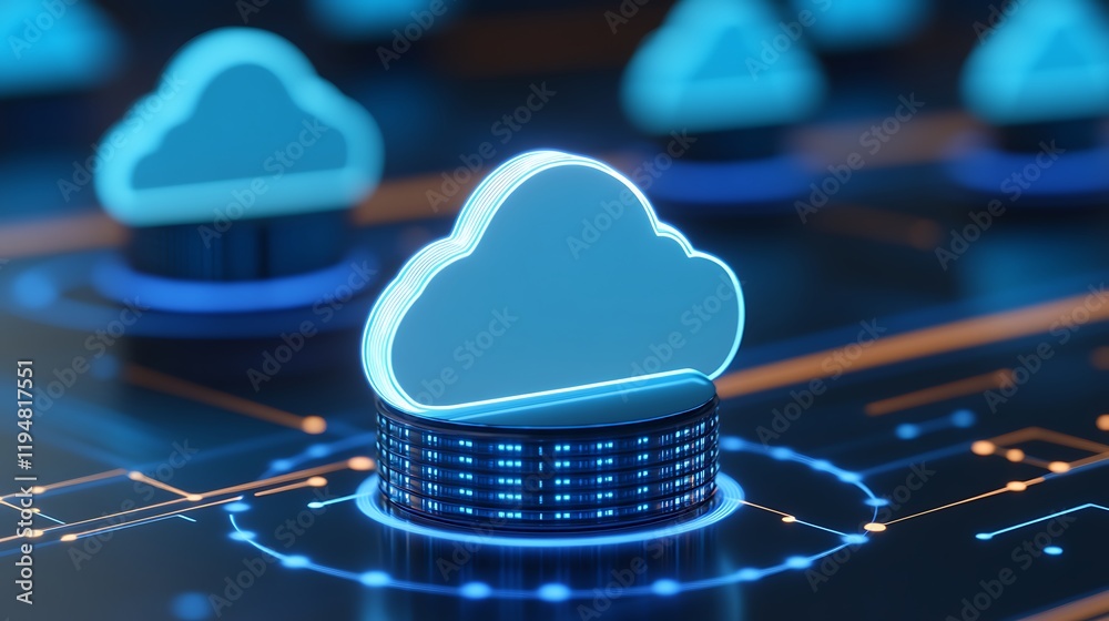 Poster digital cloud technology symbol on abstract data network background with glowing blue elements and c