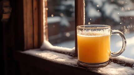 A close-up shot of a warm, cinnamon-spiced cider mug on a snowy windowsill, with snowflakes visible through the window, offering a perfect winter escape in a cozy indoor setting. 