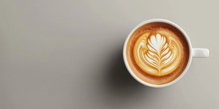 Overhead view of a white cup with latte art on warm brown coffee against a soft gray background providing ample space for cafe advertising.