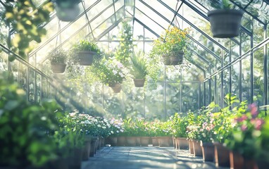 A spacious glass greenhouse with hanging pots of flowers and rows of herbs in a warm, sunny atmosphere
