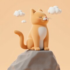 Serene Orange Cat on a Rock, 3D Render, Peaceful Atmosphere