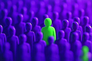 Obraz premium Green Figure Standing Out in Crowd of Purple Figures Representing Individuality, Leadership, and Uniqueness in a Competitive Environment