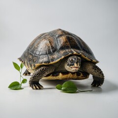 Fototapeta premium A turtle holding a small leaf in its mouth, white background.