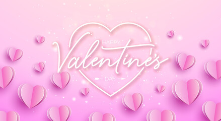 Happy Valentine's Day Banner Design with Heart and Typography Letter on Light Pink Background. Vector Wedding and Romantic Love Valentine Theme Illustration for Flyer, Greeting Card, Holiday Poster or