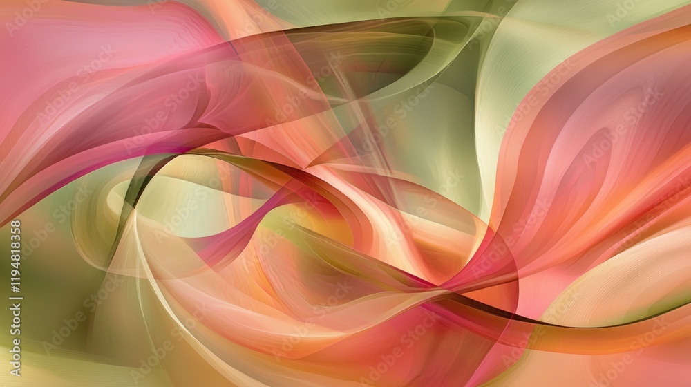 Poster Dynamic and colorful shapes intertwine in a captivating display of flowing forms. The gentle hues of sage and warm pinks create a stunning visual symphony that enchants the senses