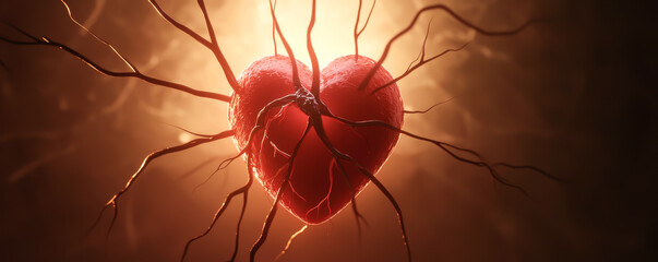 A vivid red heart entwined with organic roots symbolizing love and connection.