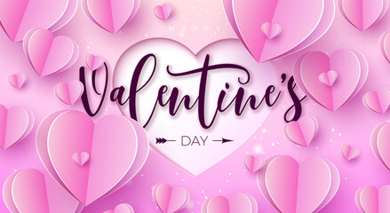 Happy Valentine's Day Banner Design with Heart and Typography Letter on Light Pink Background. Vector Wedding and Romantic Love Valentine Theme Illustration for Flyer, Greeting Card, Holiday Poster or