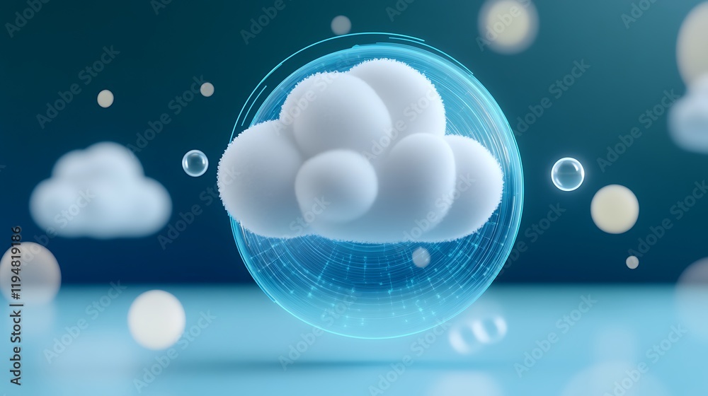 Poster floating cloud with digital sphere and abstract background representing virtual environment and tech