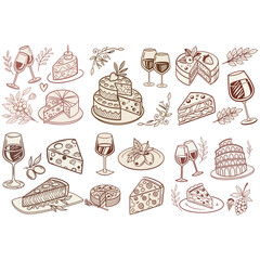 chalk food illustrations, wedding dinner icons, wine or champagne glass, cheese, and charcuterie drawings for wedding invitations, cafe menus, and parties. La dolce vita italian sketch style.