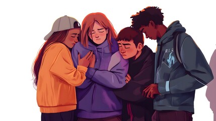 A group of friends comforting someone who appears upset, symbolizing the social and emotional consequences of cyberbullying and online harassment. 